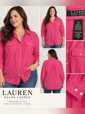 Lauren Ralph Lauren 3X Pink Cotton Silk Button Down Shirt Plus Size